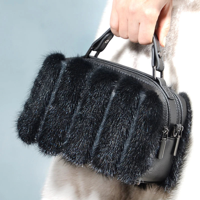 Fur Bag Women Shoulder Bag Double Zipper Square Leisure Real Fur Bag Ladies Bags