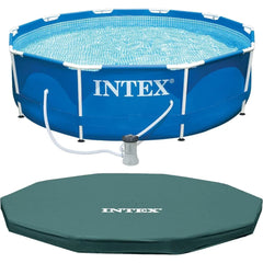 INTEX Metal Frame 10ft x 30in Round above Ground Outdoor Swimming Pool Set with 330 GPH Filter Pump, Cartridge