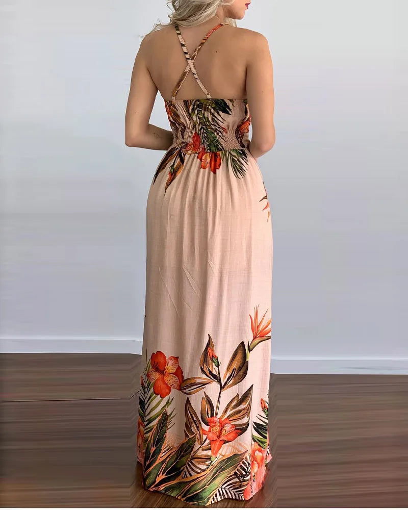 Straps Criss Cross Folds Maxi High Silt A-line Vacation Dresses women