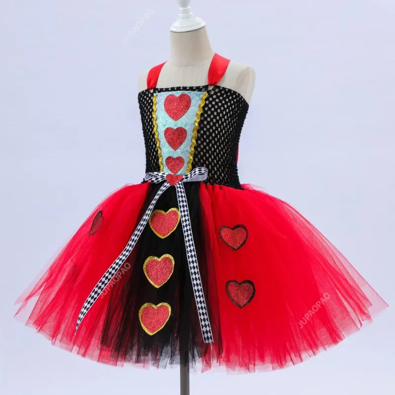 Girls Queen of Hearts Costume Kids Halloween Dress up Fancy Tutu Dress with Crown Classic Wonderland Red Queen Gown Clothes