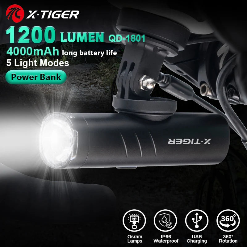 X-TIGER Bicycle Light IP66 Rainproof Bike Flashlight Type-C Rechargeable MTB Road Bike Front Lamp