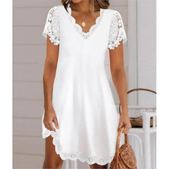 Summer New Solid Color Lace Short Sleeved V-neck Women's Dress