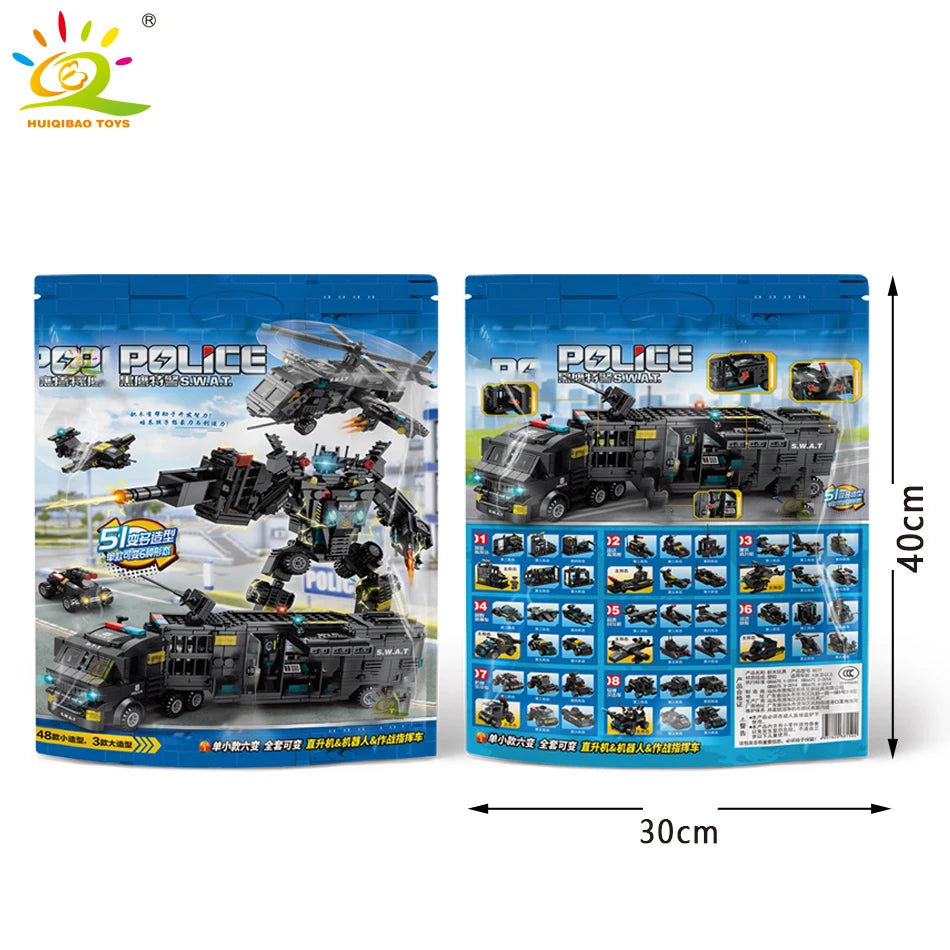 HUIQIBAO SWAT Police Station Truck Model Building Blocks City Machine Helicopter Car Figures Bricks