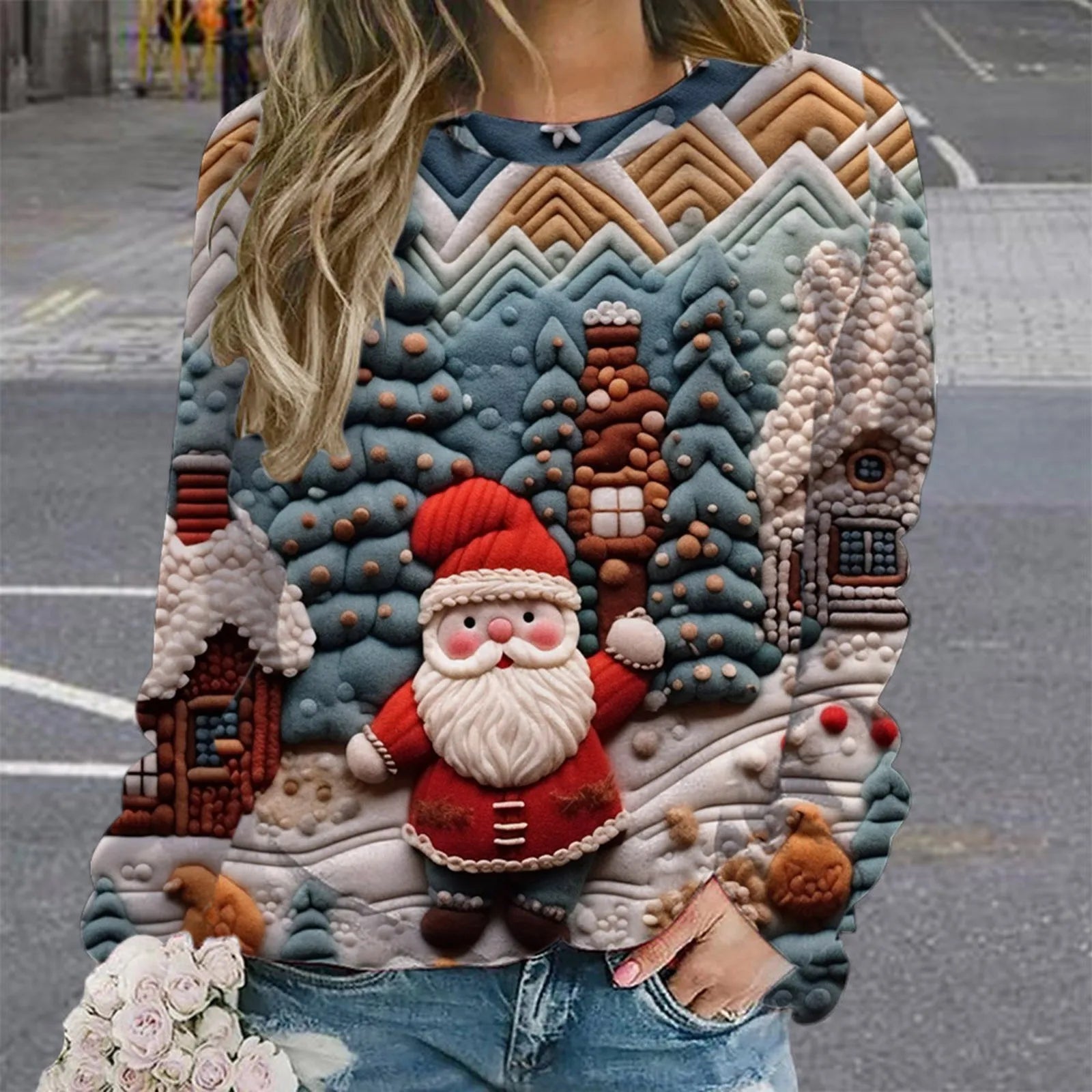 Christmas Women Cute Santa Claus Print Sweatshirts Snowman