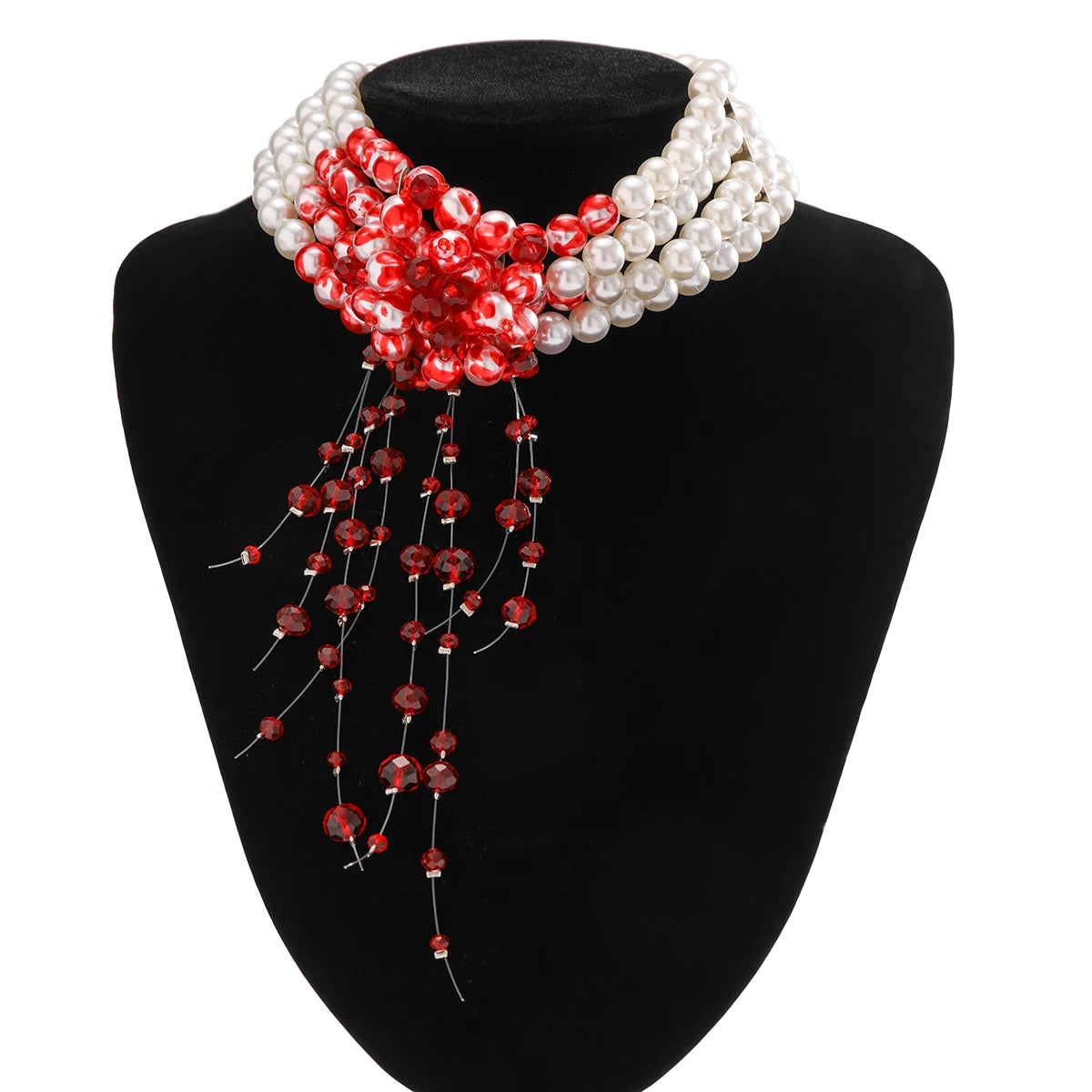 Multilayer Imitation Pearl Necklace For Women Gothic Drop Oil Red Crystal Tassel Choker Necklace Halloween Jewelry