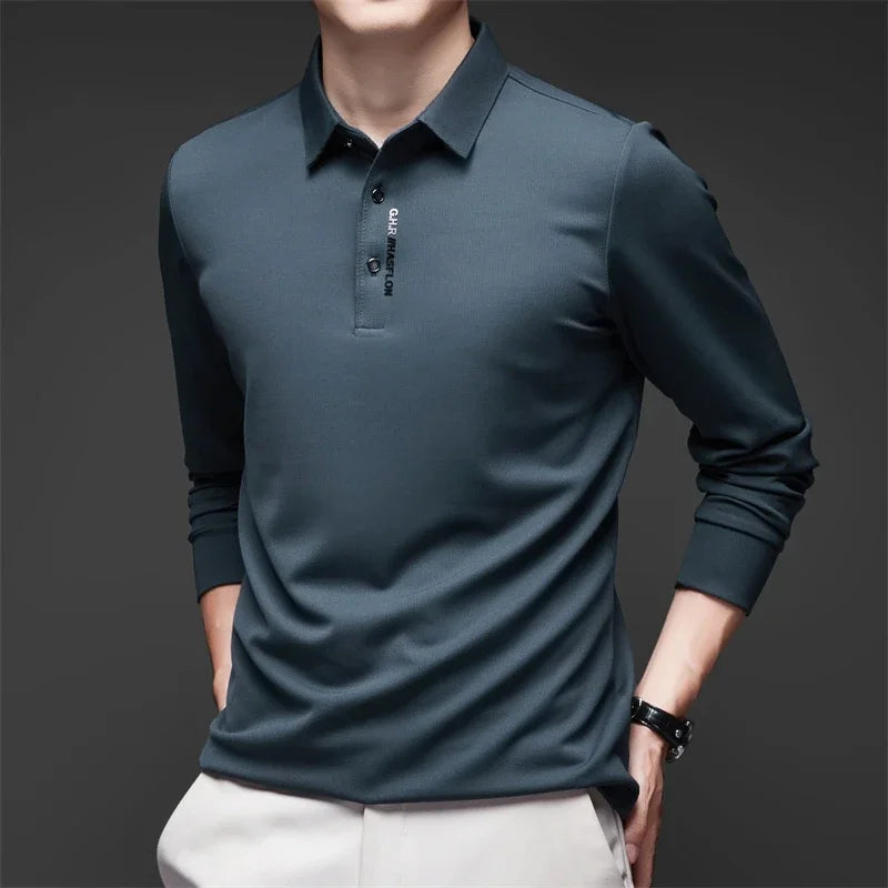 New Men's Business Casual Long Sleeved Shirt with Badge Solid Color Polo Shirt Fashionable Breathable Comfortable Versatile Top