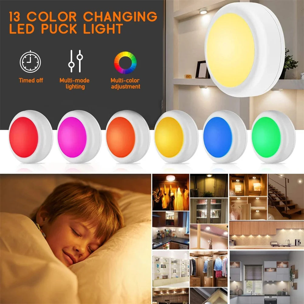 13Colors RGB LED Under Cabinet Light Puck Light Remote Control Dimmable Wireless Night Lamp