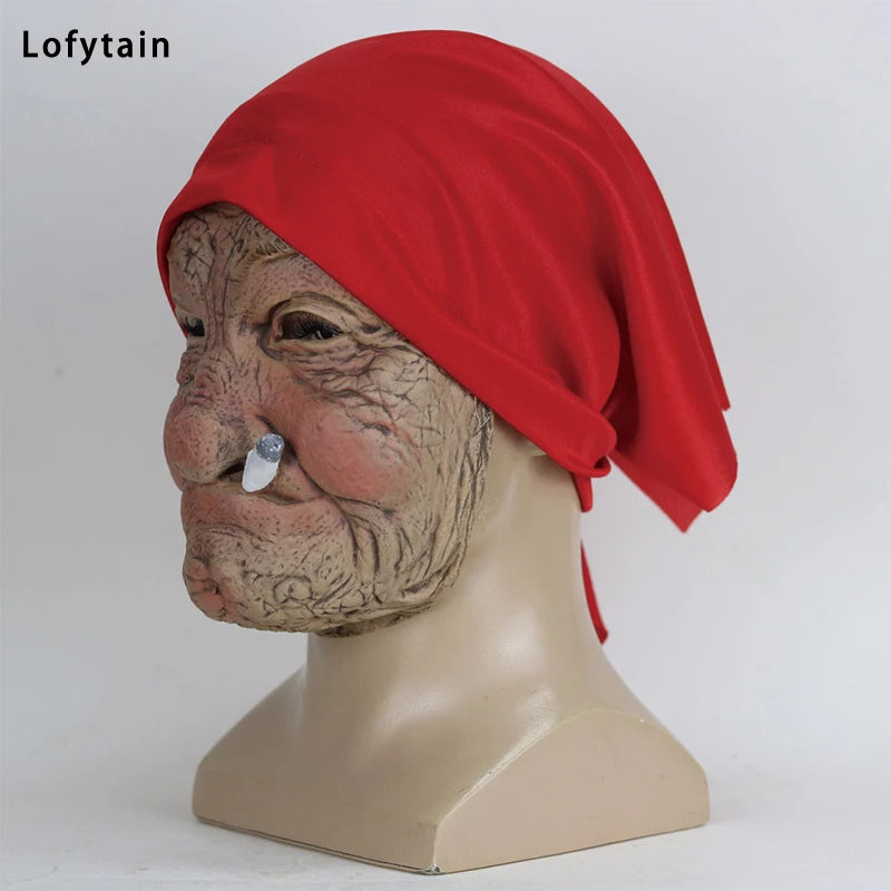 Lofytain Smoking Old Grandmother Mask Halloween Mask Latex Masks Realistic Costume Halloween Cosplay Props Funny Gift