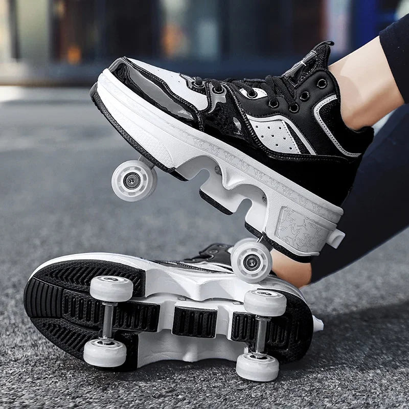 Child's 4-wheel Dual-purpose Roller Shoes Outdoor Kids Deformed Shoes With Wheels Fashion Parkour Sneakers For Girls From Gift