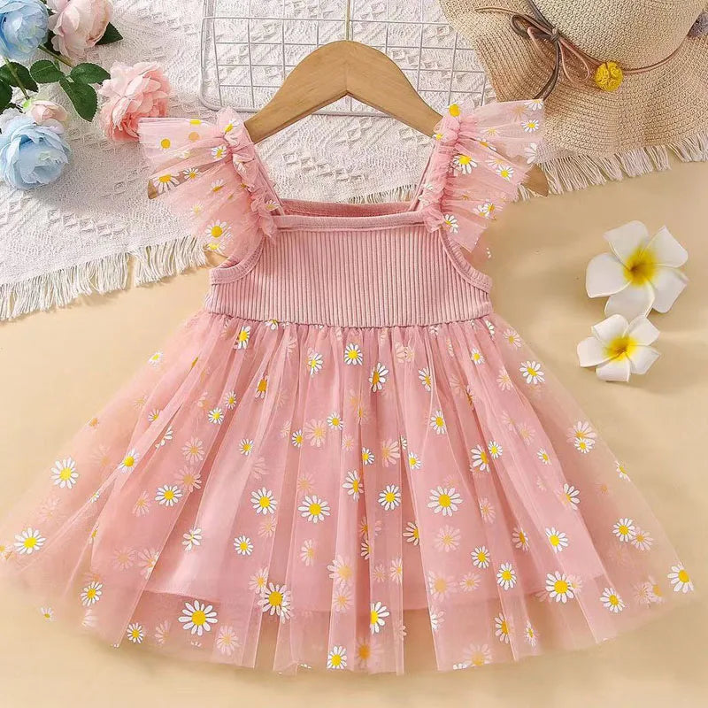 Daisy Flower Girls Birthday Dress Kid Children Clothing Petal Sleeves Party Christmas Knee Length Mesh