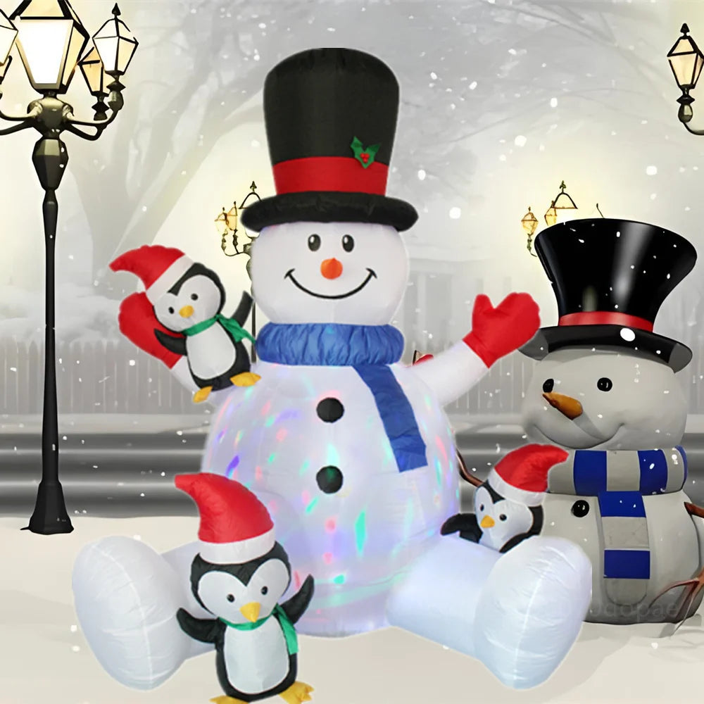 Inflatable Christmas Snowman With Penguins Built-in LED Lights Outdoor Courtyard Decoration