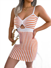 Women Casual Striped Knitted Spaghetti Strap Bodycon Dress