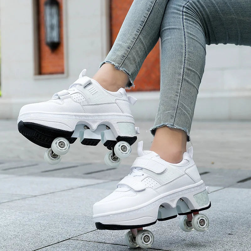 Four-Wheel Dual-Use Skating Shoes Double-Row Roller Student Men's Casual Sneakers Women's Men's Sport Walking Running Shoes