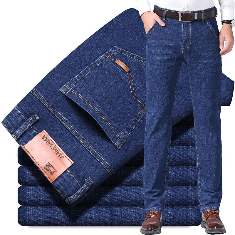 Men Simple Narrow Leg Business Work Jeans Soft Fabric Vintage Wash Skinny Denim Trousers