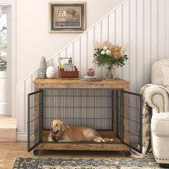 Wooden Dog Crate Table Furniture, Dog Kennel , Flip-up Top Opening and Wheels, Decorative Pet Crate  38.6"L x 25.2"W x 27.2"H