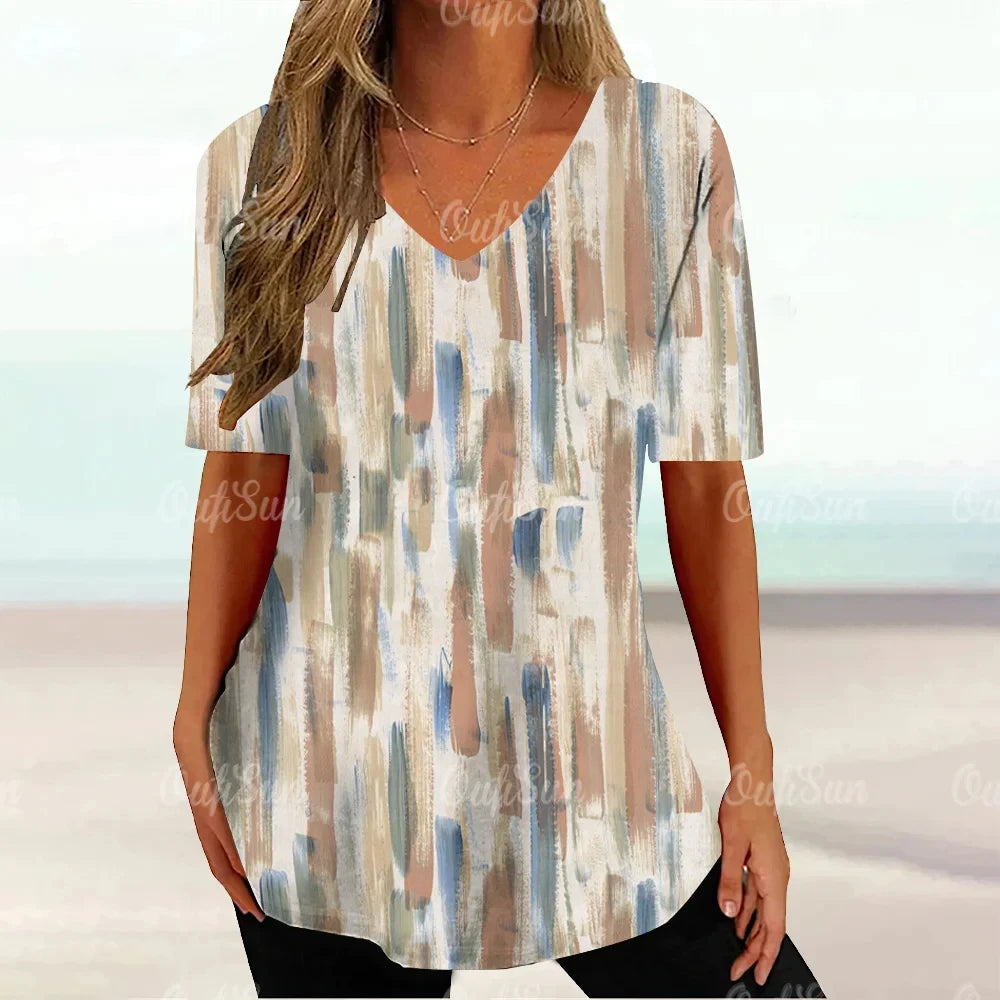 Women's T-Shirt Summer V-Neck Tee Loose Casual Top Stripes Funny Printed Female Clothing