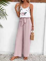 Summer new casual two-piece top printed halter pants Solid color straight-leg trouser suit