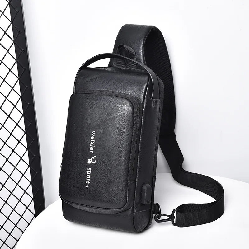 Men Chest Bag PU Waterproof Crossbody Bag Anti-theft Fashion Men One Shoulder Chest Bag Korean Style Casual Sports Messenger Bag