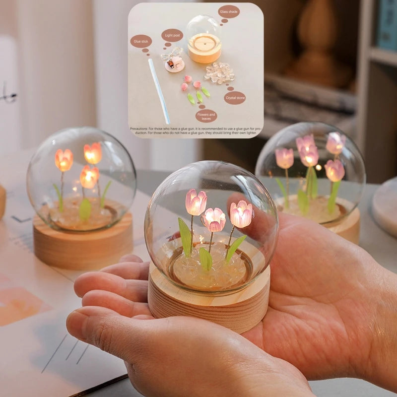 Tulip Flower Night Light With Glass Cover Handmade DIY Bedside Light LED Night Lamp