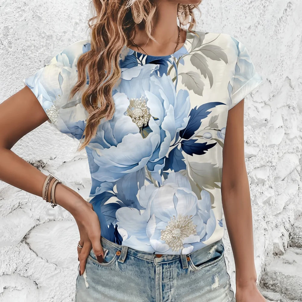 Women's Pure White Artistic Flower Pattern Print T-shirt Fashion Printing T-shirt