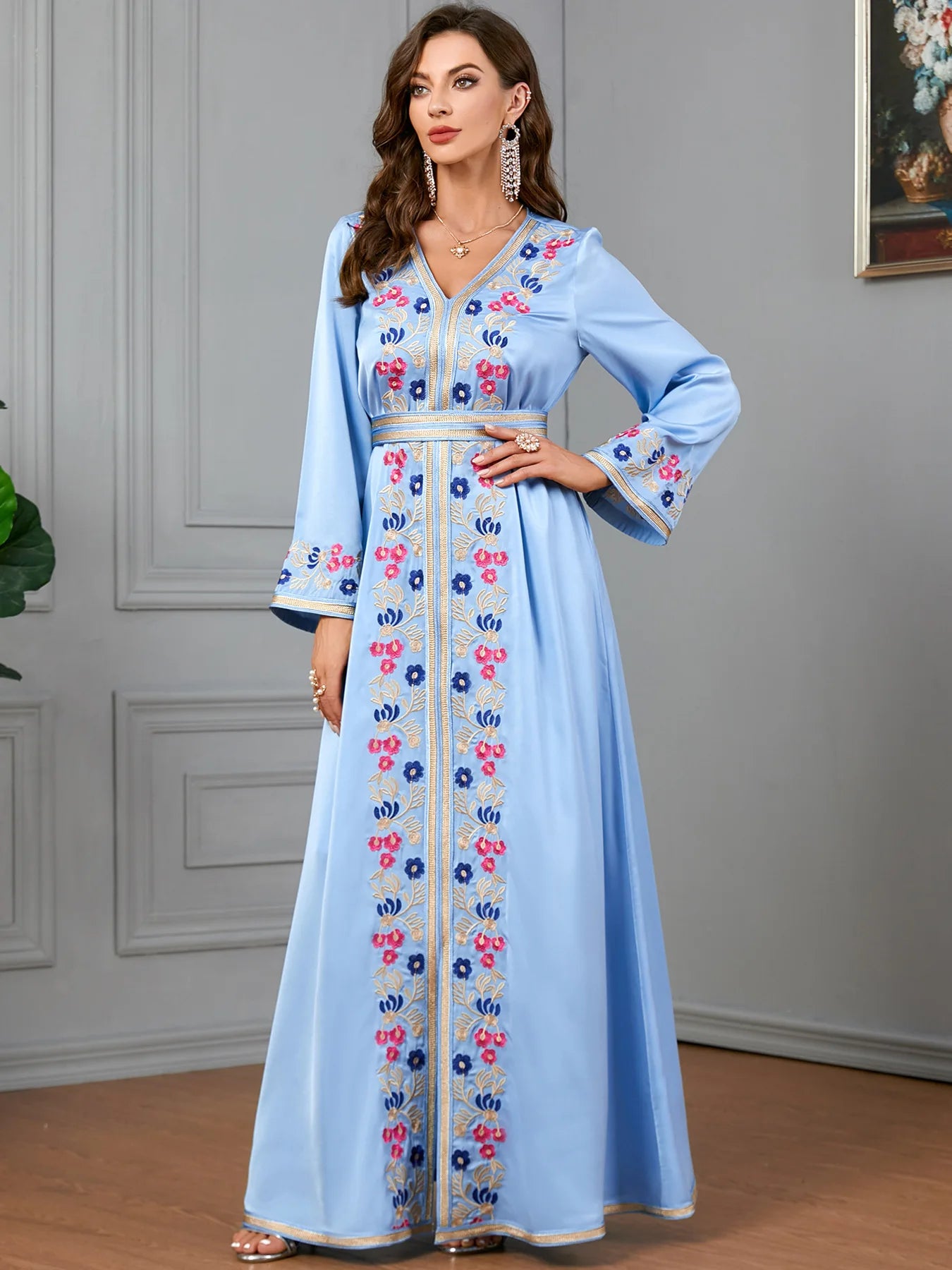 Maxi Dress Kaftan Floral Embroidered Women Fashion Jellaba Muslim Clothing Dubai Long Sleeve Abaya Ladies Evening Dresses 2024