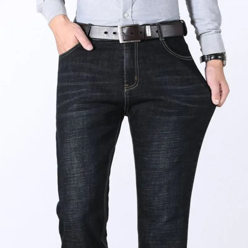 Fashion Men Brand Denim Jeans Business Casual Stretch Straight Work OL Pants Blue Black Trousers