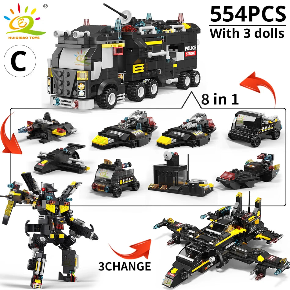 HUIQIBAO SWAT Police Station Truck Model Building Blocks City Machine Helicopter Car Figures Bricks