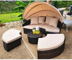 New Outdoor Patio Round Daybed with Retractable Canopy, Brown Wicker Furniture