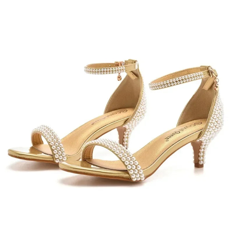 Summer High-heeled Women's Sandals String Bead PU 5CM Thin Heels Buckle Strap Wedding Dress Women's Shoes