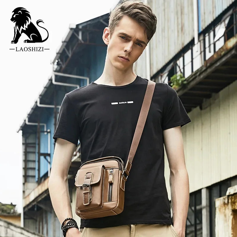 LAOSHIZI Brand Genuine Leather Shoulder Men Messenger s Small Casual Flap Zipper Design Male CrossBody Bag MINI Handbag