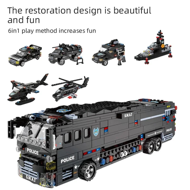 City SWAT Military Car Police Bus Station Model Building Blocks Figures LED Light Vehicle Bricks Toy