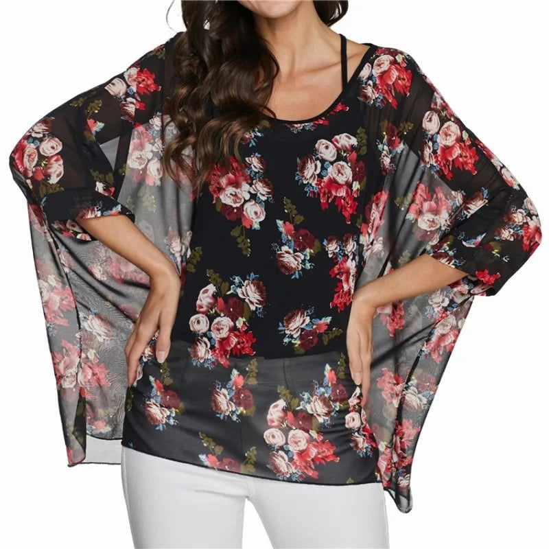 Women chiffon Blouse half Sleeve Beach shirt O-neck Loose summer floral print Casual Bohemian Boho Top