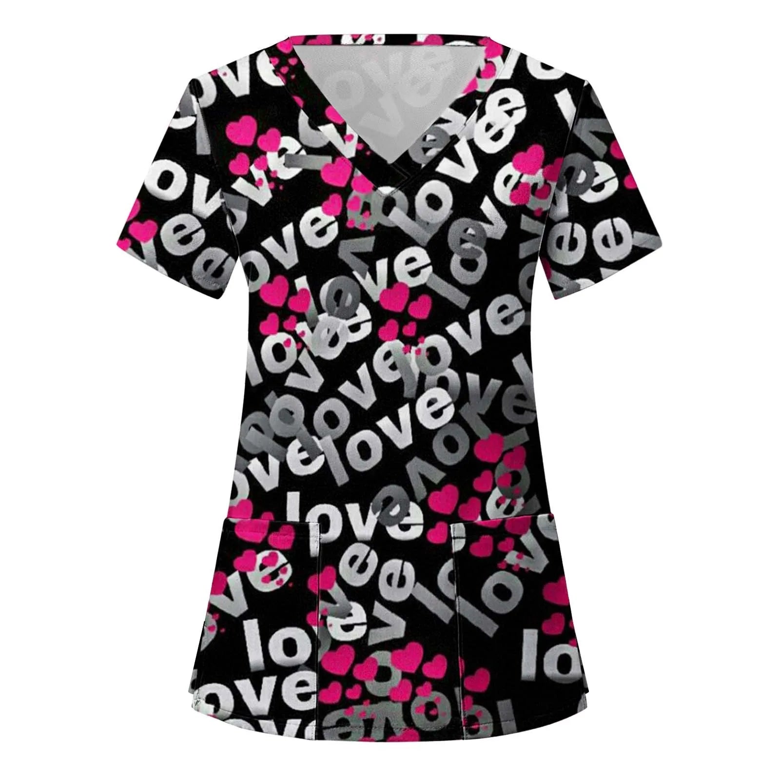 Short-sleeved Top For Nurses V-neck Women Valentine's Day Love Print Uniform Casual Women's Blouse