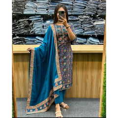 Blue Color Printed Kurta Palazzo with Dupatta Set Women Salwar Kameez Suit Dress