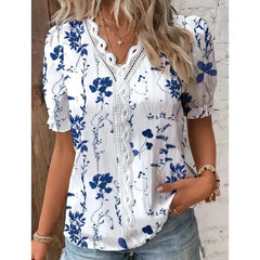 Summer V-neck Lace Patchwork Printed Shirt For Women 2024 Elegant Office Lady Short Sleeve Flower Print Pullover Blouses