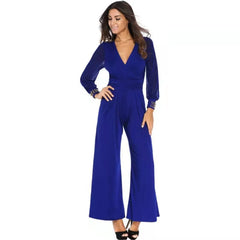 Temperament Elegant Color Block Jumpsuits Women Deep V-neck Half Sleeves High Waist Wide Legs Jumpsuit Female Commuting Clothing