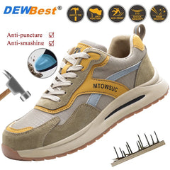 Men's tumbled leather + canvas steel head anti-puncture breathable safety shoes men's anti-smash protective factory site shoes