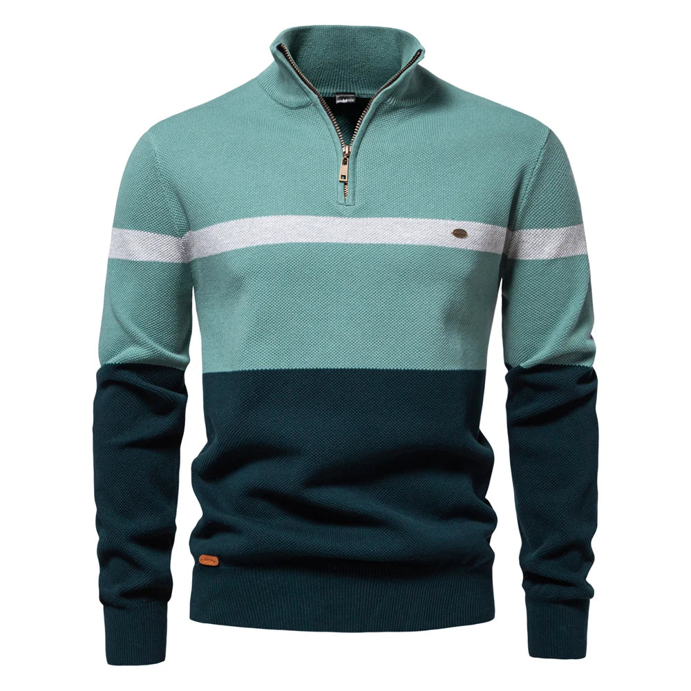 AIOPESON Brand High Quality Cotton Sweater for Men Zipper Mock Neck Pullovers Men Autumn Winter Striped Warm Mens Polo Sweater