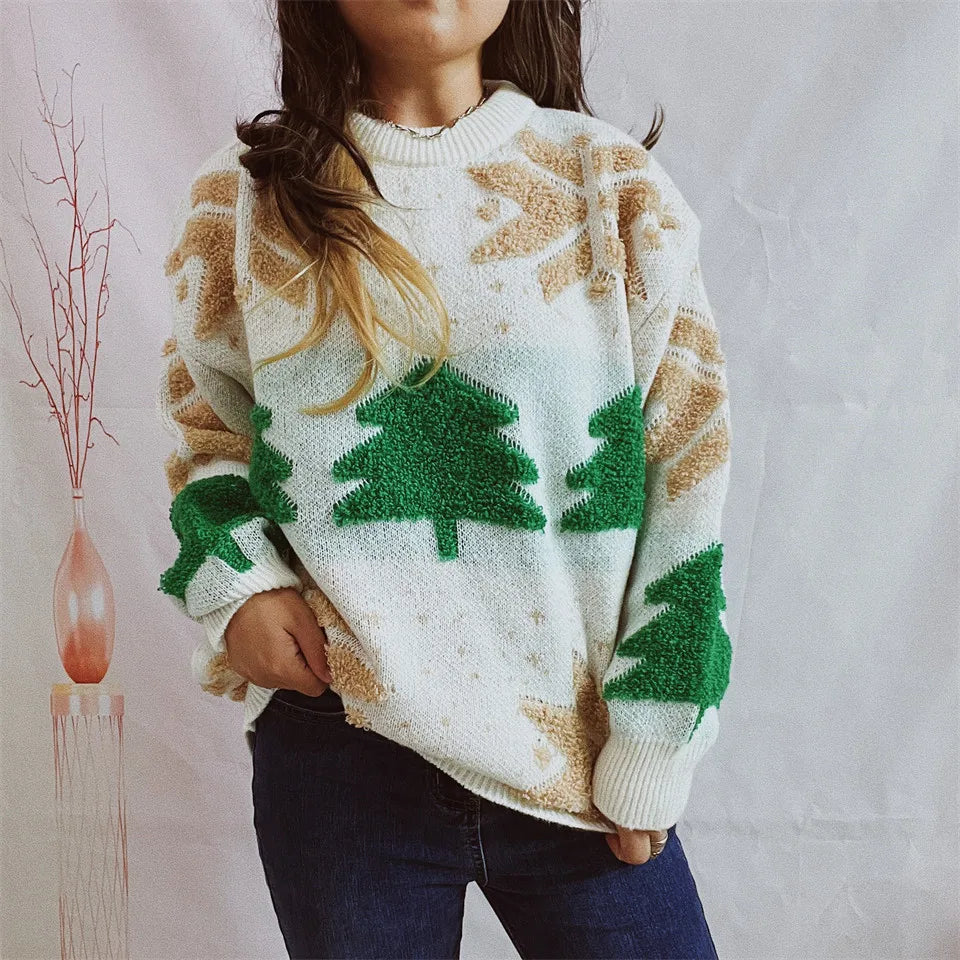 OMCHION Green Christmas Sweater 2023 Fashion Tree Embroidery Knitted Pullover Casual Loose Retro Sweater For Female Knitwear