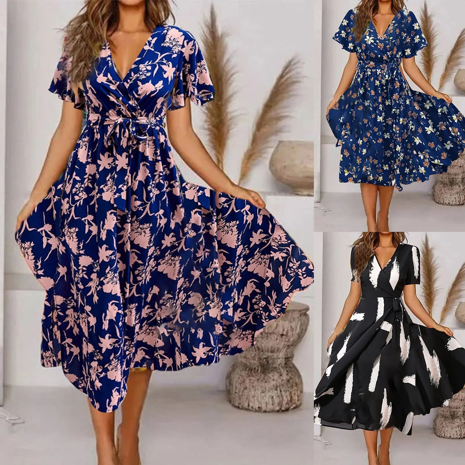 Boho Vintage Print Women Maxi Dress Summer Fashion V-Neck Short Sleeve Sundress Elegant Ladies Midi Dress