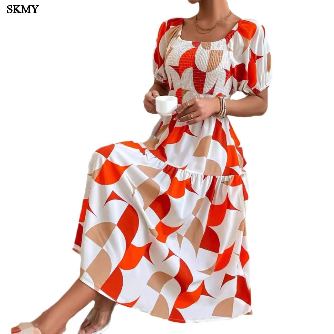 Women's Summer Fashion One Collar Ruffle Printed Short Sleeve Dress Dresses For Women