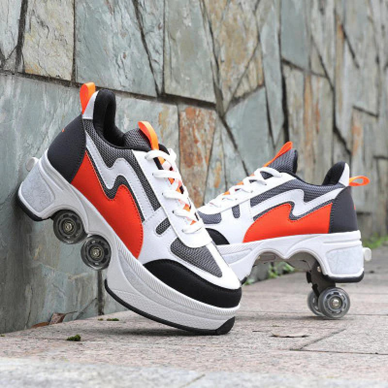 Casual Sneakers Walk Roller Skates Deform Runaway Four Wheel Skates for Adult Men Women Unisex Child Deform Wheel Parkour Shoes