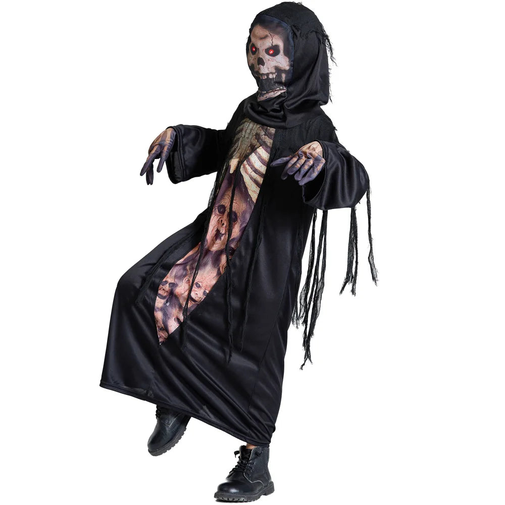 Boys Black Death Azrael Cosplay Kids Children Halloween Devil Ghost Skeleton Robe