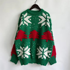 OMCHION Green Christmas Sweater 2023 Fashion Tree Embroidery Knitted Pullover Casual Loose Retro Sweater For Female Knitwear