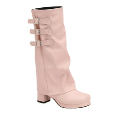 Fashion New Knee High Fold Over Boots Chunky heel Round Toe With Buckle Straps Side Zipper for Fall Winter