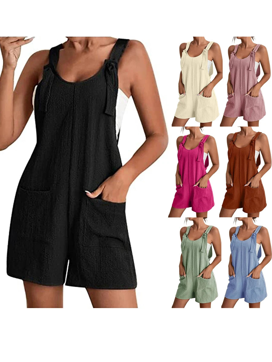 2024 Summer Women's Jumpsuit Overalls Short Loose Sleeveless Wide Leg Overall Solid Casual Daily Basic Romper with Pockets