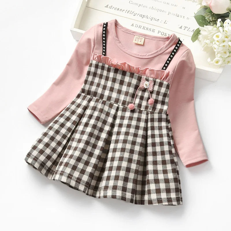 Baby girls rivet plaid long-sleeved dresses Toddler fake two pcs lace princess dresses