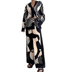 Women Digital Print 2 Piece Set Chic Lapel Long Sleeved Blouse Top Loose Straight Leg Pants Suit