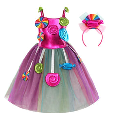 Candy Dress for Girls Purim Festival Lollipop Cosplay Costume Toddler Rainbow Tutu Dress Princess Gown