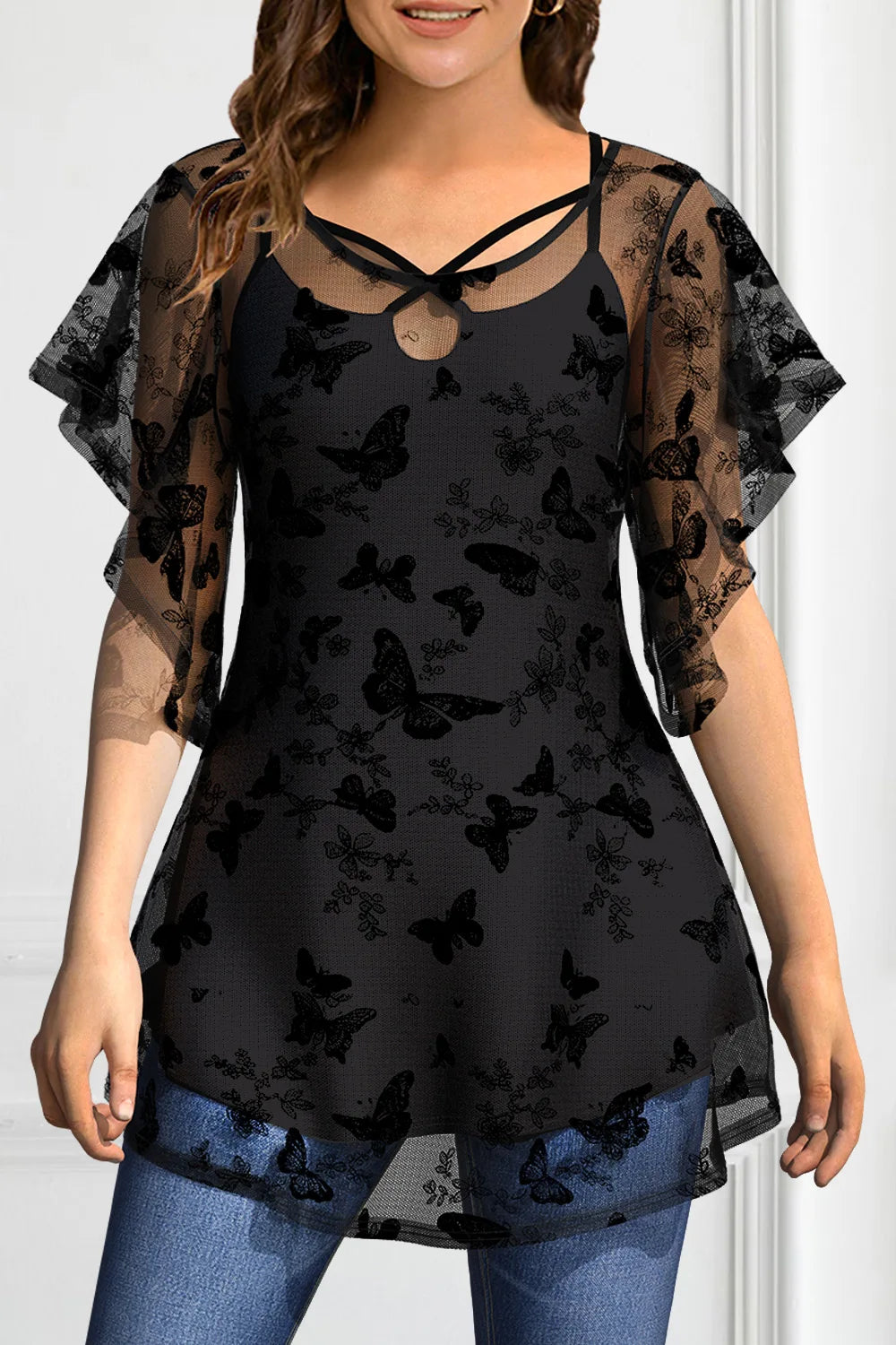 Plus Size Casual Black Lace Butterfly Double Layer Two Pieces T Shirts Ruffle Sleeve Vintage Elegant V-Neck Transparent Tee Top